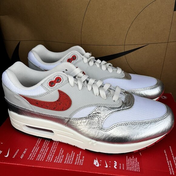NEW Nike Air Max 1 Premium \'Hot Sauce\' Chile Red Silver HF7746 100 Size 12